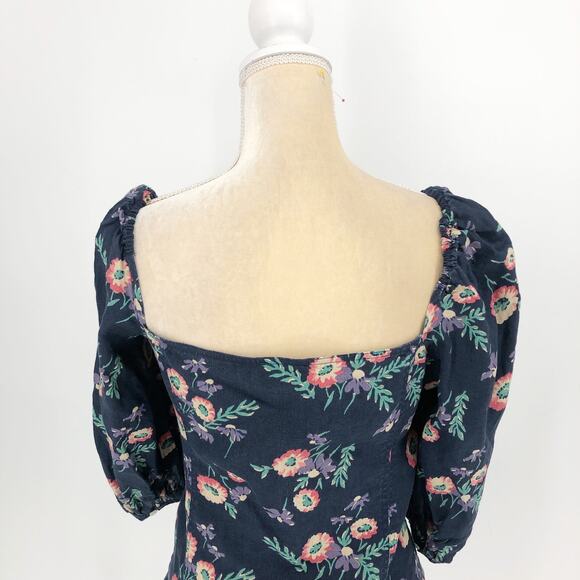 POLO RALPH LAUREN Blouse Sz 18 Linen Puff Sleeve Floral Print Navy Blue - Picture 7 of 12